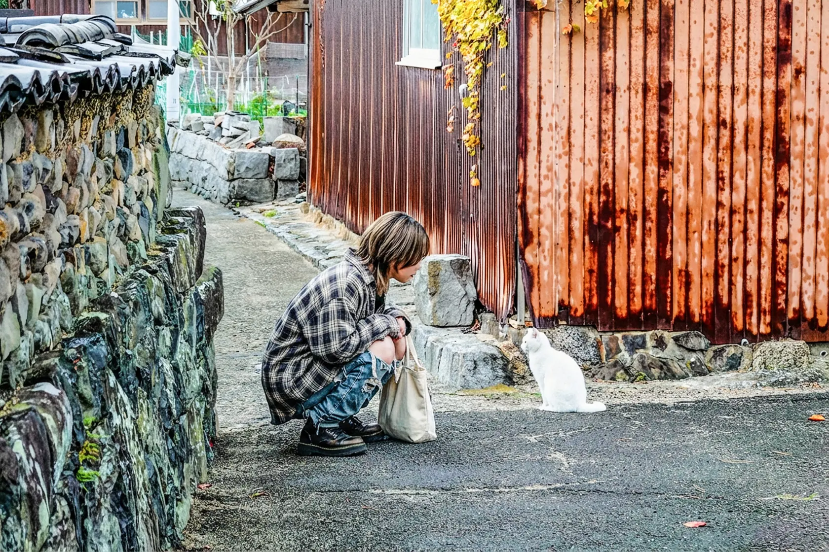 女木島の路地。錆びた鉄板塀と石垣のあいだで、しゃがんだ巡礼者が白い猫と向き合っている。