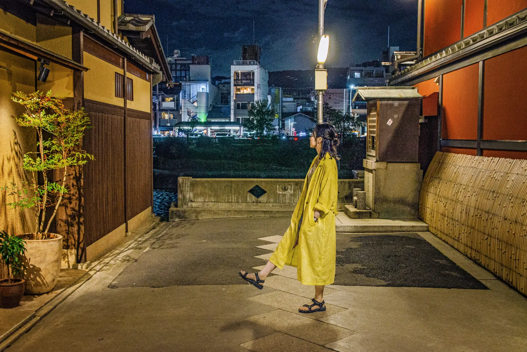 京都・先斗町の夜の街路の実写風景
