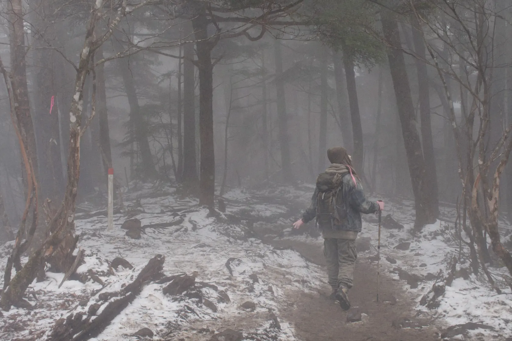 雪と靄の森。うっすら白い径の先に、小さく人物の背。