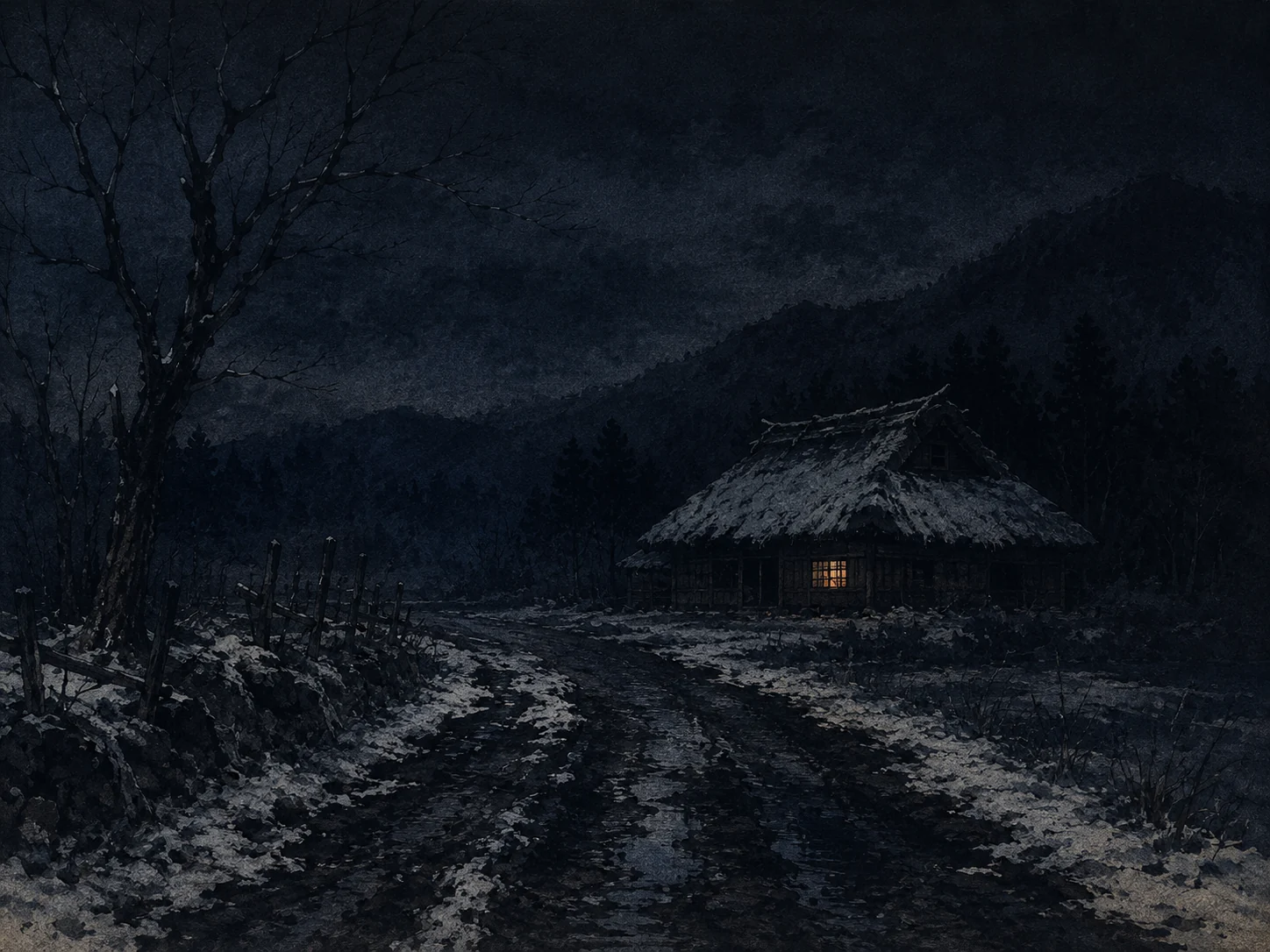 夜の寒村の墨絵。雪のまじる泥の一本道の先に藁屋根の農家が一軒、小さな窓にだけ火のあかりが灯る。
