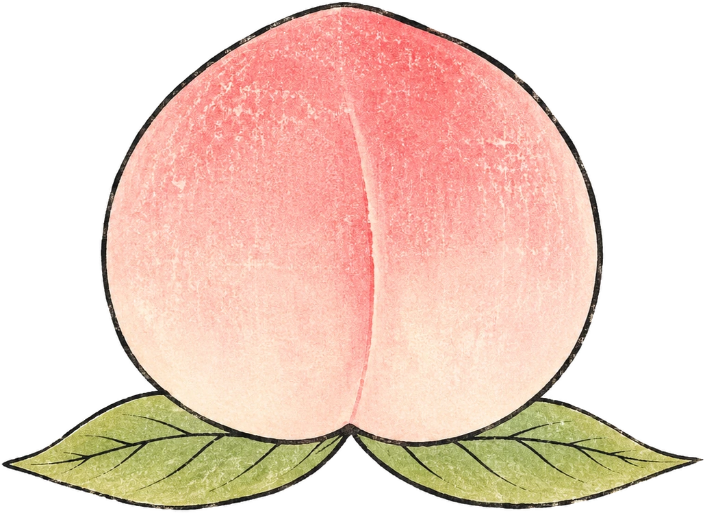 木版画風に描かれた桃の実。葉が二枚。